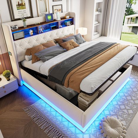 letto contenitore 180x200 LED USB beige elegante nuovo HAVRYA (1/5)