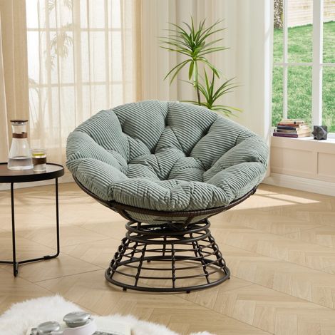 Fauteuil Papasan Pivotant à 360° en Résine Tressée - 92x92x67cm - Coussin Épais Velours Côtelé Confortable - Marron et Vert (1/5)
