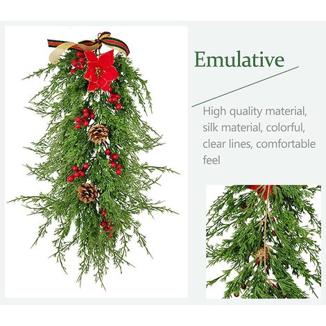 Guirlande de branches de pin de Noël, baies rouges d'hiver et pommes de pin mélangées, à suspendre pour la porte d'entrée, la cheminée ou la maison. (1/3)
