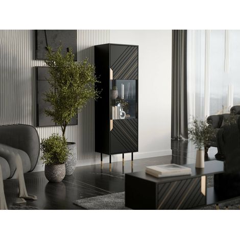 Vitrina Ippoliti, vitrina de salón con puertas de cristal y detalle, elevada del suelo, 54 x 40 x 180 cm, color negro y dorado (1/4)