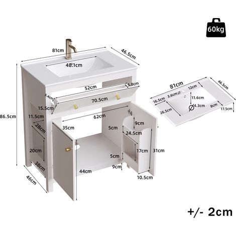 Meuble sous vasque blanc 81x46,5cm avec lavabo céramique, 1 tiroir + 1 porte à fermeture amortie, meuble de salle de bain autoportant moderne à design cannelé (1/5)