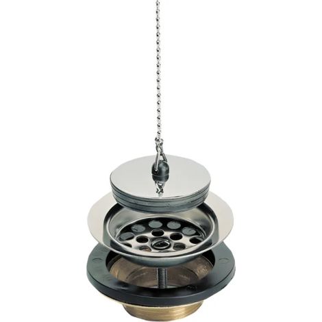 Scarico in ottone per lavello in gres/sintetico con griglia in acciaio inox, tappo e catena Ø84 - foro 60mm (1/2)