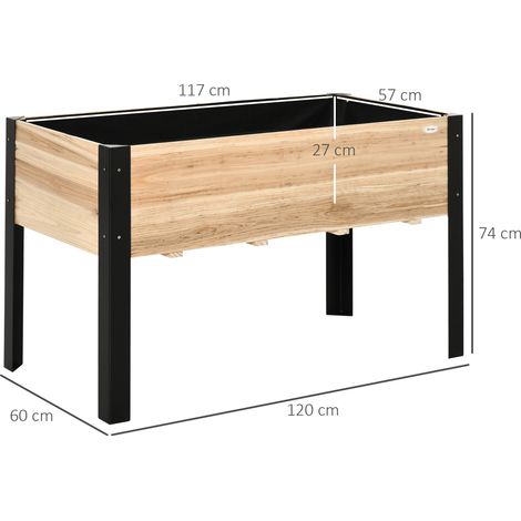 Bac surélevé en grand bac à jardinières en bois massif et acier,120x60x74cm en naturel et noir pour le jardin et le balcon