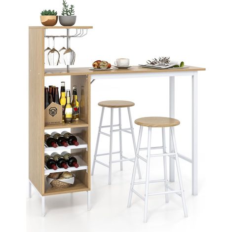 COSTWAY Bartisch mit Barhocker Set 2 Personen, 3 TLG. Bartisch Set mit Halterungen für Weingläser und Flaschen, Küchentheke für Wohnzimmer, Esszimmer und Küche (Natur) (1/5)