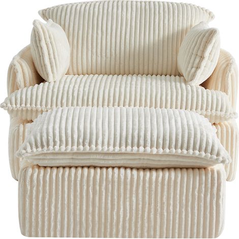 Fauteuil sofa compact avec pouf, tissu côtelé beige, format gain de place pour salon, chambre ou studio, sans montage, de style rétro – CHICFURN (1/5)