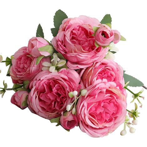 3 bouquets de 5 roses persanes artificielles, bouquet de fleurs noué à la main pour mariage, salon ou décoration intérieure, rose et violet. (1/5)