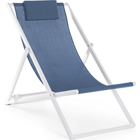 Klappbare Liegestuhl "Cleo", verstellbar in 3 verschiedene Positionen Sonnenliege für Veranda und Schwimmbad -Weiß Struktur und Blau Texilene