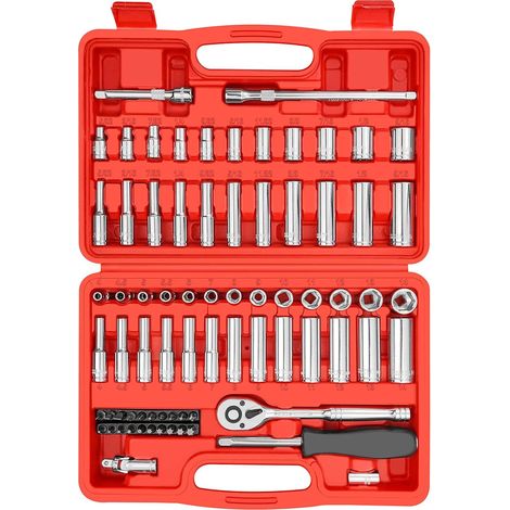 BEBUSINGOTO Juego de 74 vasos de 1/4" con trinquete, extensiones y puntas de 1/4", junta universal (5/32"-9/16", 4 mm-14 mm) (1/5)