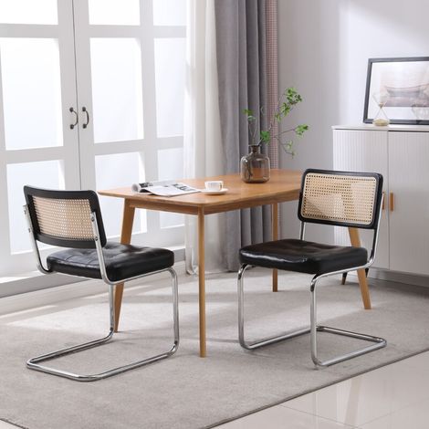 Lot de 2 chaises moyen siècle – Dossier cannage rotin, assise similicuir, piètement chromé – Noir, chic rétro pour salle à manger (1/5)