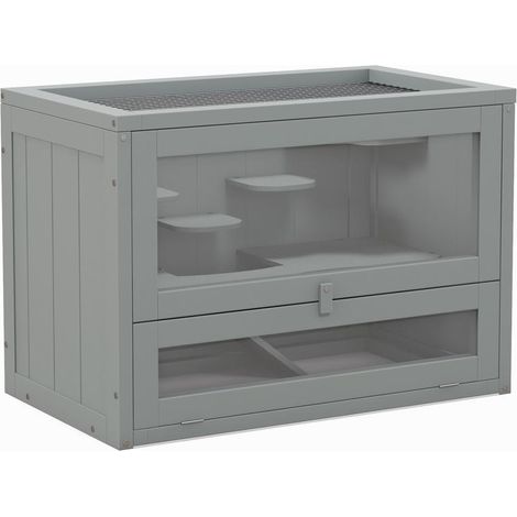 Cage en bois pour hamster grise 2 niveaux avec plateformes et échelles, 60x35x42 cm, design naturel et compact pratique