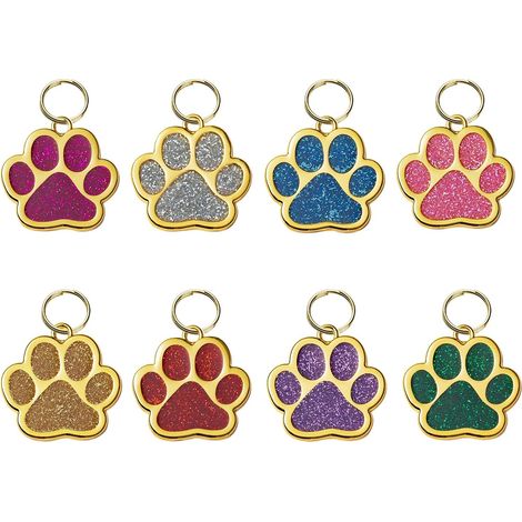 Médaille d'identité pour animaux, 8 médailles d'identité à paillettes personnalisées avec 8 porte-clés pour chats, chiens, chiots, en forme de patte (1/5)
