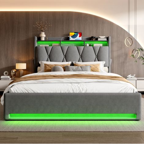 Bett mit Stauraum Samt Dunkelgrau 160x200 cm, LED, klappbares Kopfteil mit Regal, USB & Type-C, Lattenrost mit Gasdruckfeder (1/5)
