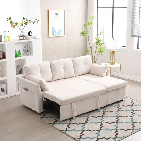 Schlafsofa 206/108 cm Beige aus Cord mit Stauraum und flexibel montierbarer Ottomane (1/5)