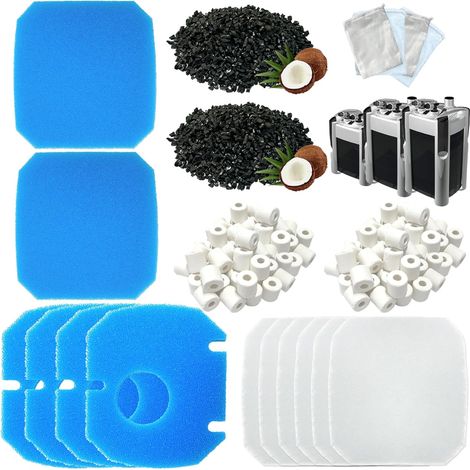 Lot de 14 filtres de rechange pour aquarium compatibles avec les filtres JBL CombiBloc II CristalProfi e402/e702/e902, avec insert de pré-filtre, mousse à filtre fin 6028800, charbon actif et anneaux (1/5)
