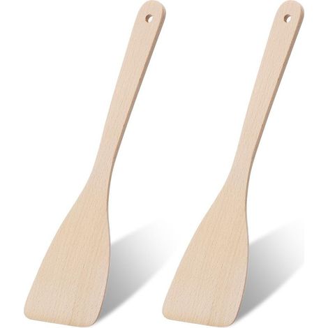 Lot de 2 spatules en bois de hêtre pour la cuisine, spatule plate non revêtue de 33 cm, ustensiles de cuisine en bois, grattoir à long manche, spatules wok en bois anti-rayures pour cuisine et (1/5)