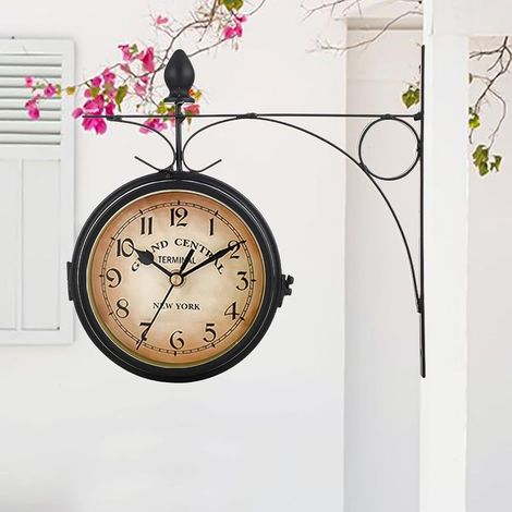 21,8 x 21,8 cm,Horloge de Gare Rétro Double Face, Jardin Train Gare Horloge Murale, Nombre Horloge Murale en Fer, pour L’intérieur et L’extérieur Maison Terrasse Jardin Cuisine Cour Séjour (1/5)