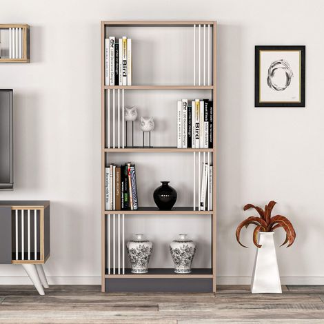Étagère Nicol - Meuble Mural - avec étagères, pour Salon, Bureau - Anthracite, Noyer en Bois, 64 x 22 x 150 cm (1/5)