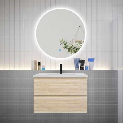 Ensemble meuble vasque L.79cm 2 tiroirs + lavabo + LED miroir rond 90cm,chêne，easy