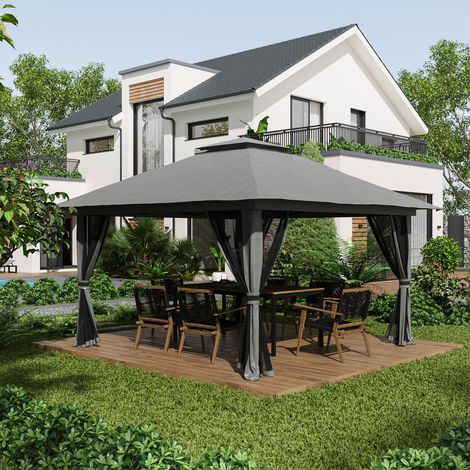 Tonnelle de jardin, store banne, abri de jardin, Hauteur réglable, étanche, rétractable, pour terrasse, en Métal, 392x392x283cm (1/5)