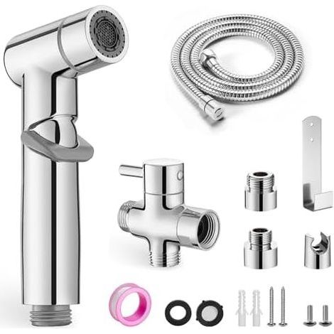 Kit Douchette WC avec Valve T 3 Voies (G1/2" & G3/8"), Pulvérisateur Bidet à Main en Inox Tuyau 1,5m pour Hygiène Intime et Toilette Japonaise(AMZ-NHQ07CP-TZEU-DE) - (1/5)