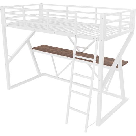 Lit mezzanine, 90 x 200 cm, structure en fer, bande LED, garde-corps, escalier, bureau, sans matelas, blanc (1/5)