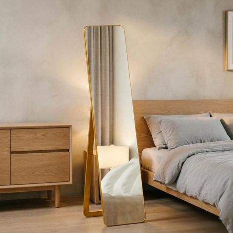 Miroir sur pied rectangulaire 37x43x156 cm en bois noyer clair, moderne, au sol ou mural FLORAGRACE (1/5)
