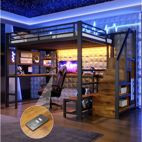 Letto a soppalco 140x200 cm con scrivania, scale contenitore, LED e USB, nero OKMYHOME (1/5)