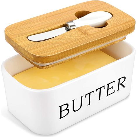 Mantequera grande AIDUCHO con tapa y cuchillo, 650 ml, cerámica con junta de silicona para encimera, mantequera hermética con tapa, recipiente para mantequilla, frutos secos y queso. (1/5)