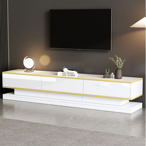 Mobile TV 200x40x40 cm, 3 cassetti, finitura lucida, struttura in pannello truciolare, bianco caldo con bordo oro (1/5)