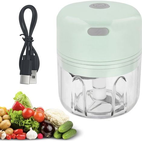 Hachoir Électrique 250 ml, Mixeur Hachoir Rechargeable USB, Portable Mini Coupe Legumes avec 3 Lames en Acier Inoxydable pour Oignon, Ail, Viande, Légumes et Les Fruits (Vert) (1/5)