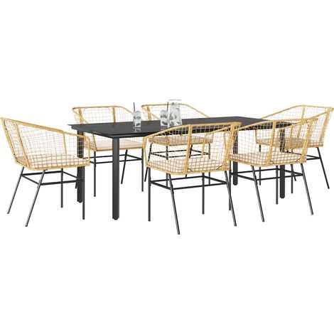 Ensemble à manger jardin coussins 7 pcs-Salon de jardin marron poly rotin verre 587699 (1/5)