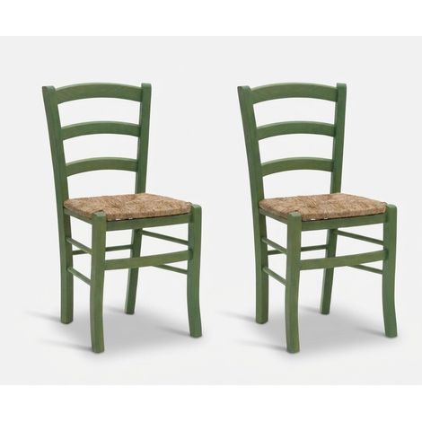 Set 2 Esszimmerstühle aus Massivholz mit Strohgeflecht Anna - Dunkel Grün (1/4)