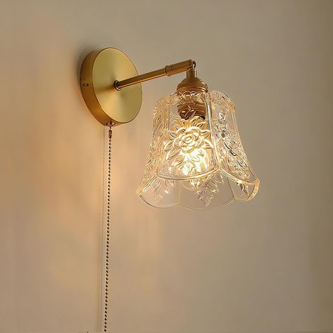 E27 Vintage Applique Murale avec Tirette, Bras en Laiton et Abat-jour en Verre Classique, Lampe Murale Rétro Dimmable(Ampoule Non Incluse) (1/5)