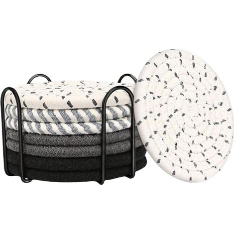 Posavasos, juego de 8 piezas de posavasos de algodón absorbente, mezcla de lino y algodón natural, incluye práctico soporte para guardarlos, disponible en negro y blanco. (1/5)