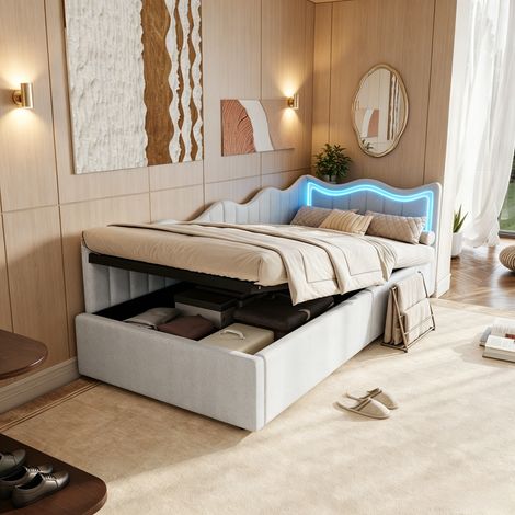 JOOKGBD–Lit coffre 90x200 cm,canapé-lit,lit rembourré,LED,rangement hydraulique,lit enfant,lit simple,lit princesse,lit adolescent,sommier lattes,tissu Teddy,blanc
