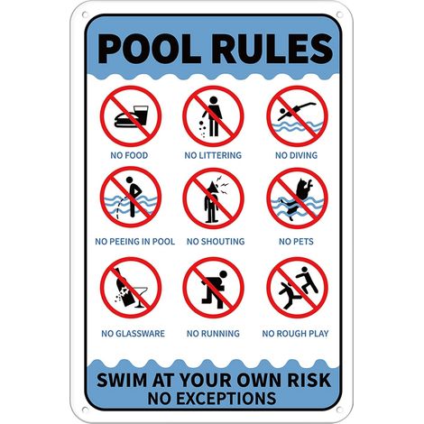 Plaque en Aluminium avec Inscription Pool Rules Swim at Your Own Risk No Exceptions d'avertissement 20x30 cm 0.9 mm, UV Protected and Waterproof (1/5)