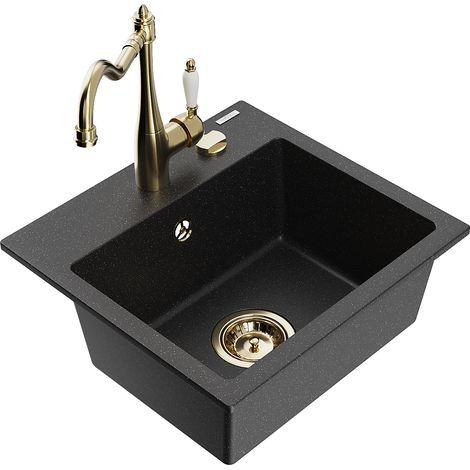 Mexen Milo lavello in granito 1-vasca con rubinetto da cucina Carla, nero/argento metallizzato - 6505-73-670700-50 (1/5)