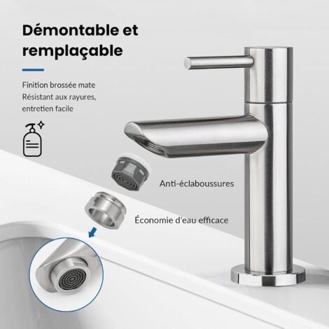 M18103 Mitigeur de lavabo à eau froide, mitigeur monocommande pour lavabo extérieur, WC invités, acier inoxydable, gris (1/4)