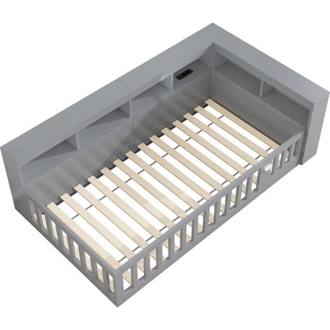 Lit de jour 90200cm, lit de repos, canapé-lit, côté avec compartiment de rangement, lit avec sommier à lattes (sans matelas), garde-corps, panneau de particules, avec prise et USB, gris (1/5)