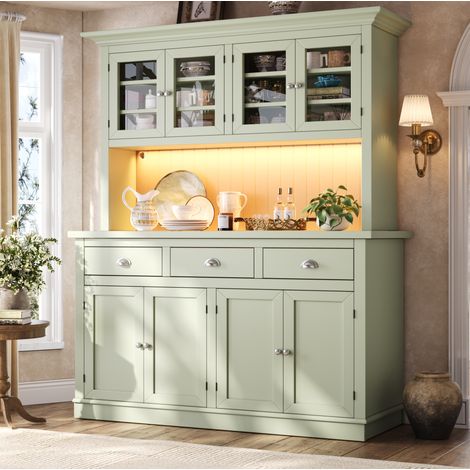 Buffet haut moderne 140x40x180 cm en MDF et verre, LED RGB, anti-basculement, vert, REDOM (1/5)