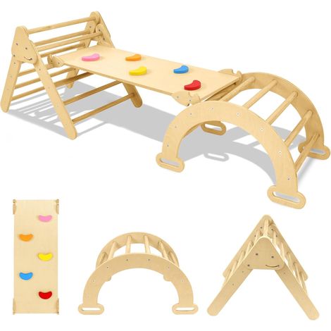 Freistehende Kletterwände für Kinder 4-in-1 Holz Klettergerüst Indoor inkl. Kletterdreieck Kletterbogen & Rutsche Birkenholzspielplatz Lernspielzeug Heimsportgerät Tragfähigkeit bis 40KG NAIZY (1/4)