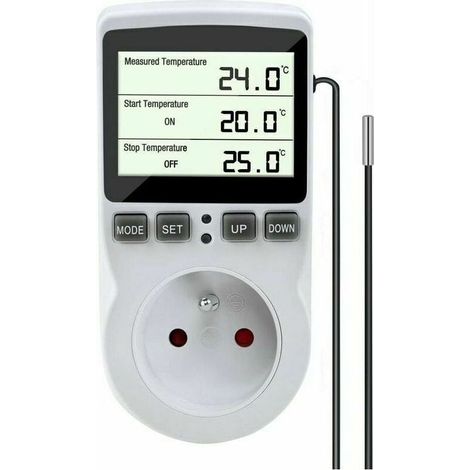 Prise Thermostat, Regulateur de Temperature, Chauffage Refroidissement Thermostat, Regulateur Numérique Thermostat avec Sonde, LCD Prise Contrleur de Température pour Terrarium Aquarium Serre (1/4)