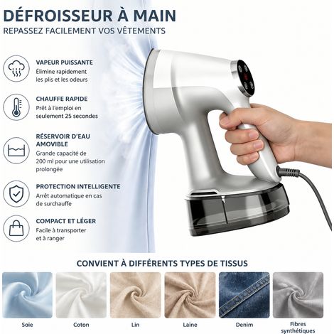 Défroisseur vapeur portatif 1500W blanc écran LCD prise UE blanc réf 1818 18 × 11,5 × 28 cm 1,125 kg – Livraison gratuite