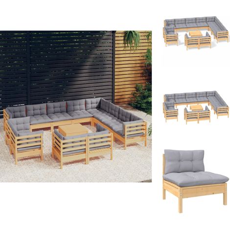 Gartenmöbel-Sets - Living 13-tlg. Garten-Lounge-Set mit Grauen Kissen Massivholz Kiefer (1/5)