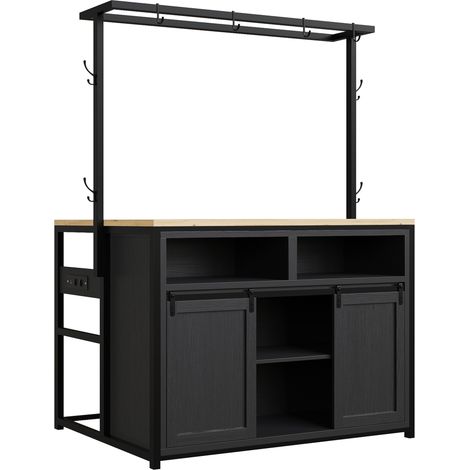 Armoire de cuisine avec plan de travail et prise électrique, 183 cm, étagère suspendue, MDF et métal, noir et aspect bois (1/5)