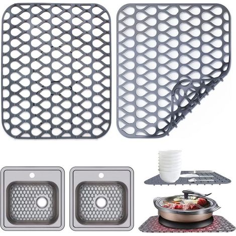 Lot de 2 tapis d'évier en silicone - Dimensions : 35 x 29 cm - Avec ouvertures d'écoulement - Gris (1/4)