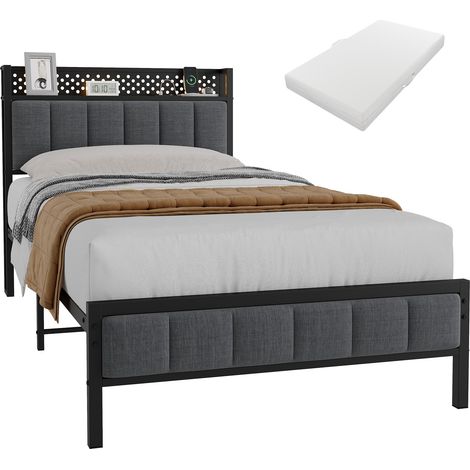 Cama de metal negra con almacenamiento y puertos USB, 90x200 cm (1/5)