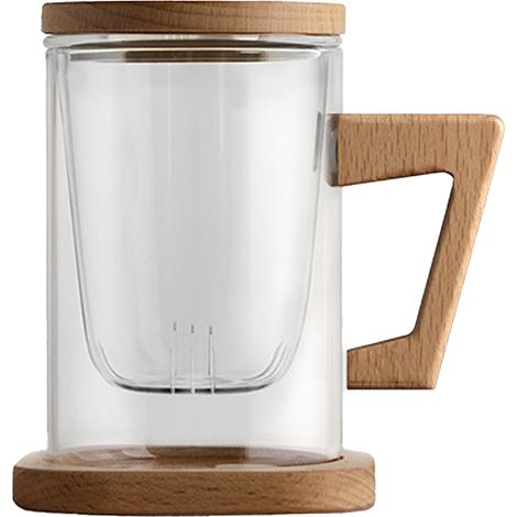 4 tasses à thé en verre borosilicate avec infuseur, passoire laser découpée et couvercle, manche en bois (1/5)