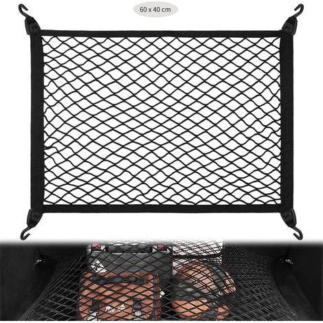 Red para maletero de coche, 60 x 40 cm. La red se puede extender hasta 160 x 120 cm con 4 ganchos de refuerzo resistentes. Red elástica colgante para la mayoría de vehículos, ideal para autocaravanas. (1/5)