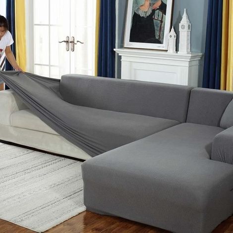 Housse de Canapé d'angle Extensible 2+3P avec Accoudoirs et Taies d'oreiller - Housse Forme L Revêtement Canapé Gris (1/4)